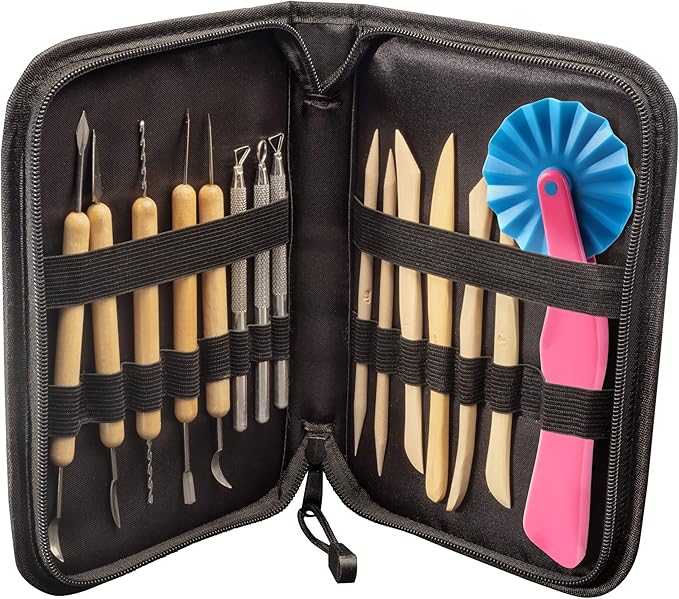 Pottery Tool Starter Kit - 15-Piece 26-Tool Beginner's Clay Ceramics Modeling Carving Sculpting Set -Arts and Crafts School Project, w Carrying Case, Birthday Gift for Kids