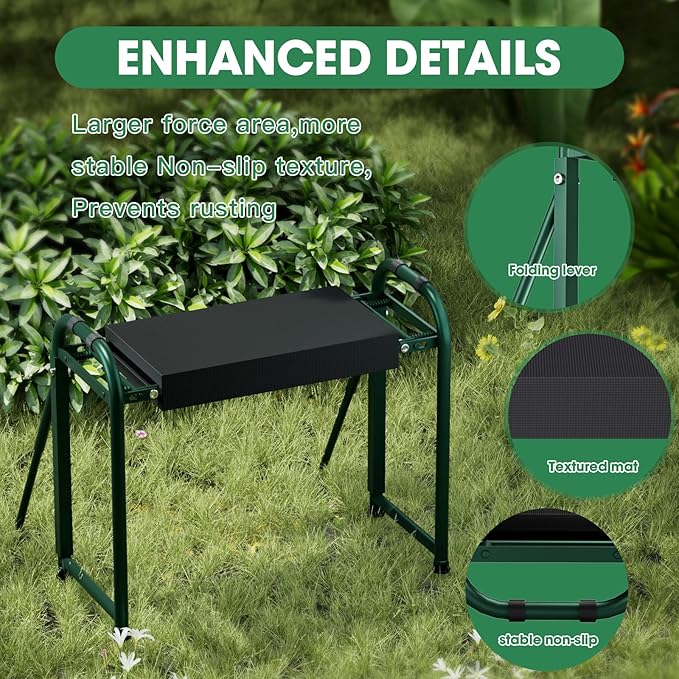 Heavy Duty Garden Kneeler and Seat for Elderly, 400lbs Capacity Foldable Gardening Stool with Support Legs & Thick Pad, Includes Large Tool Organizer Bag, Green