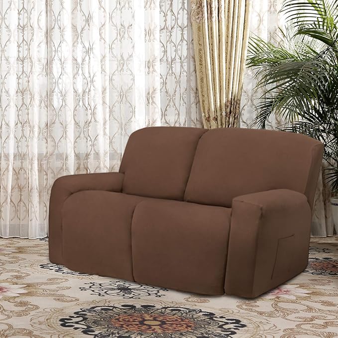 Easy-Going 6 Pieces Microfiber Stretch Sectional Recliner Sofa Slipcover Soft Fitted Fleece 2 Seats Couch Cover Washable Furniture Protector with Elasticity for Kids(Recliner Loveseat, Brown)