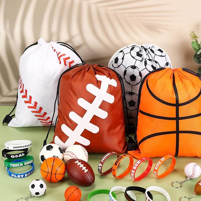 LEIFIDE 48 Pcs Basketball Soccer Football Baseball Party Favors Supplies 12 Silicone Bracelet 12 Drawstring Treat Bag 12 Mini Stress Ball 12 Keychains for Birthday Sports Party Supplies (Mixed Style)