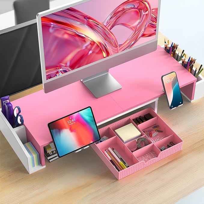 Simple Houseware Desk Dual Monitor Stand Riser with Drawer, Pink