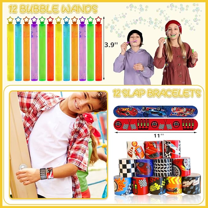 96Pcs Race Car Party Favors, Race Car Birthday Party Supplies Include Mini Race Cars Bubble Wands Straw Slap Bracelet DIY Stickers Tattoo Stickers Car Bags for Kids Race Car Themed Decorations