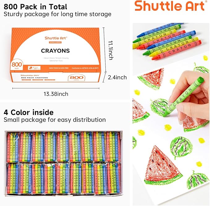 Shuttle Art Crayons Bulk Set - 200 Packs of 4 Assorted Colors (Total 800 Crayons), Non-Toxic Crayons Individual Packs for Party Favors, Restaurants, School Supplies for Teachers