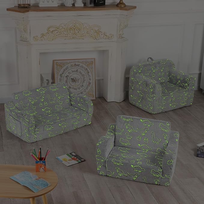 Dinosaur Glow in The Dark Toddler Couch, 2-in-1 Toddler Soft Couch Fold Out with Star Pillow, Convertible Sofa to Lounger for Girls and Boys, 1-Seat