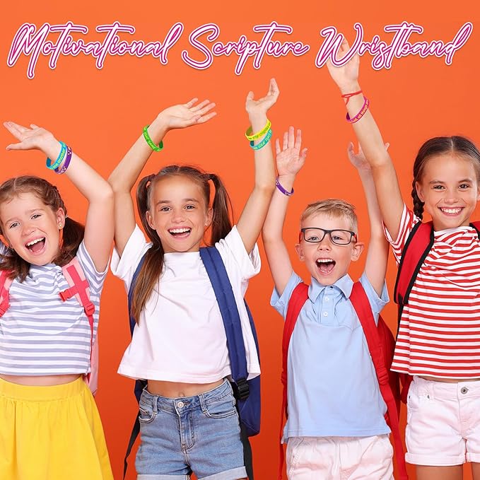 Gueevin 60 Pcs Bible Verse Bracelets for Kids Christian Scripture Bracelets Jesus Wristband Religious Motivational Bracelets Kids Sunday School Gifts Classroom Prizes(Classic Color)