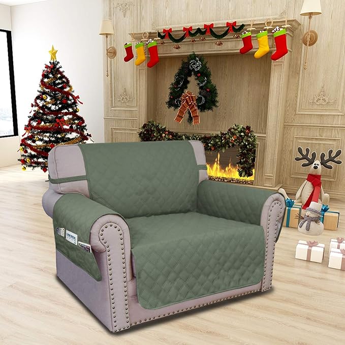 Easy-Going Sofa Slipcover Chair Cover Waterproof Couch Cover Washable Sofa Cover Non-Slip Fabric Furniture Protector with Pocket for Pets Covers Pets Kids Children Dog Cat (Chair, Greyish Green)