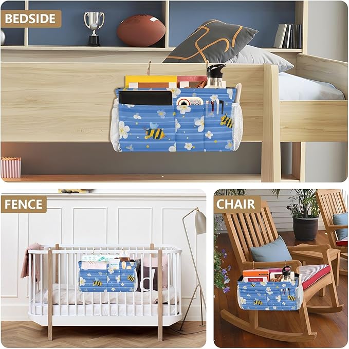 Blue Striped Sakura Bees Bedside Caddy for Dorm Bed Bedside Hanging Caddy Bag Iron Frame Storage Organizer Pocket for Bunk Home College Hospital Beds 2 Hooks