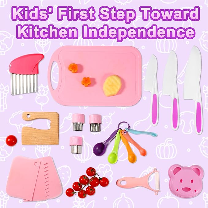 19 Pieces Kitchen Tools-Kids Cooking Sets Real-Toddler Knife Set for Real Cooking, Montessori Toys for 3+,Toddler Utensils with Safe Knives Crinkle Cutter Cutting Board