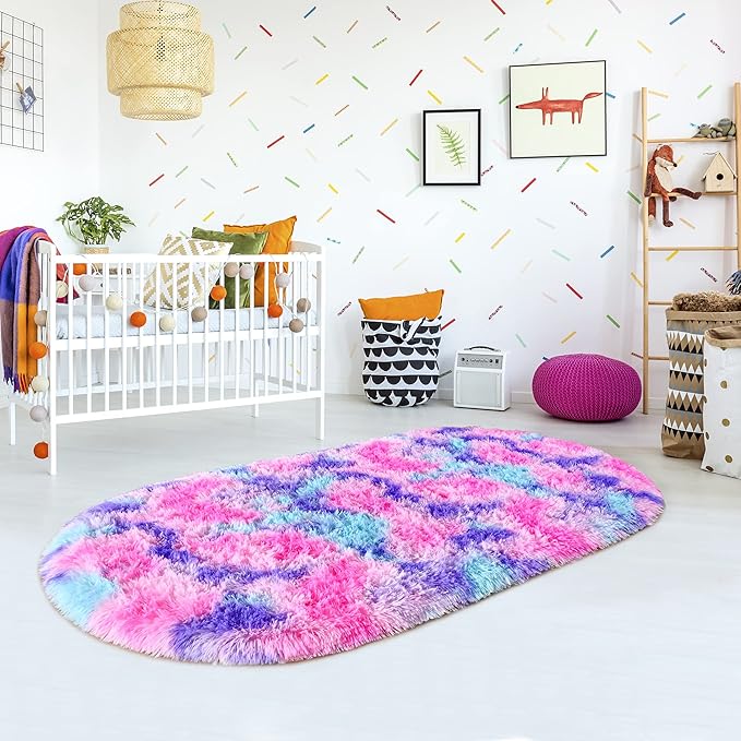 Noahas Oval Fluffy Hot Pink Rainbow Rug 2.6X5.3 Small Kids Rugs for Bedroom Girls Aesthetic,Bedside Bedroom Rug,Ultra Soft Runner Carpet Modern Shaggy Nursery Area Rugs Home Decor