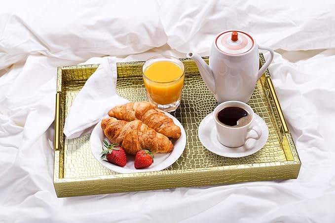 ATZYmolin 17" x 12" Wood Serving Tray with Gold Polished Metal Handles, Home Decorative Wooden Rectangle Ottoman Leather Decor Platter Bathroom Vanity Tray for All Occasions Alligator Gold