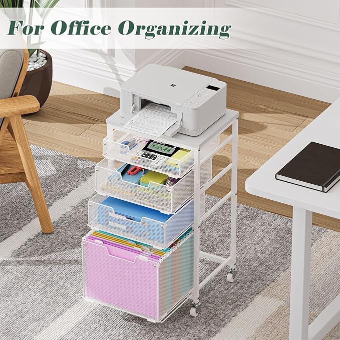 4 Drawer Rolling File Cart with Wheels, Mobile Filing Cabinet for Home Office, Hanging File Organizer, Under Desk Storage, Multifunctional Utility Cart Printer Stand, White (Patent Pending)