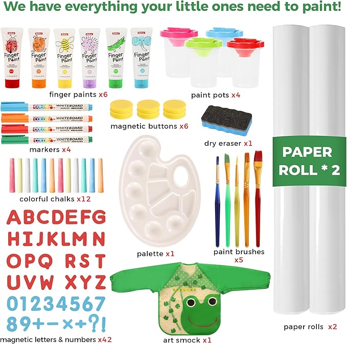 All-in-One Art Easel for Kids with 2 Paper Rolls & Deluxe Accessories, Adjustable Magnetic Double Sided Whiteboard & Chalkboard, Painting Kid Easel for Toddlers 2-8, Ideal Christmas Gift