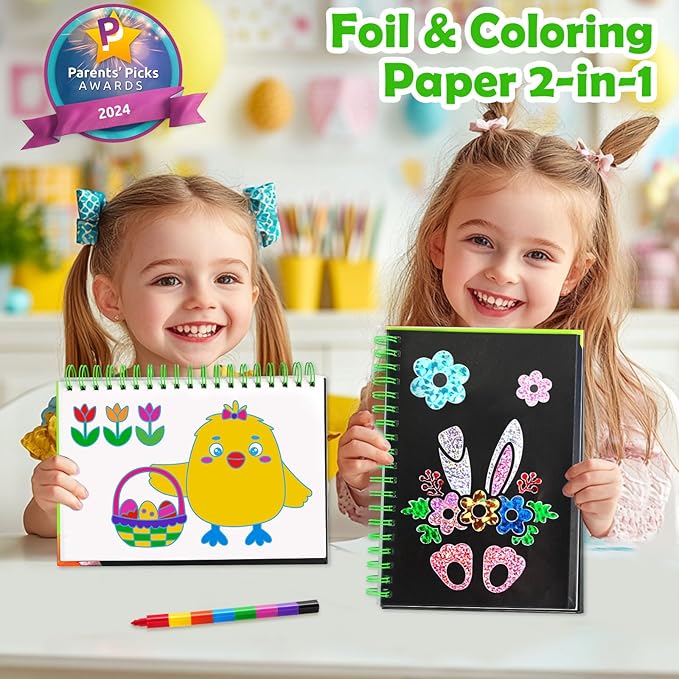 Foil Art Craft Activity for Kids: Fun DIY Toy Sticker Kit, No Mess Creative Travel Supply Set, Idea Birthday Easter Basket Stuffers Valentines Gift for Girl Boy Toddler 4 5 6 7 8 9 Year Old (Easter)