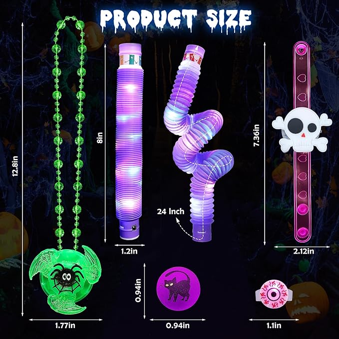 66Pcs Halloween Party Favors for Kids, Light Up Rings Spin Necklaces Halloween Goodie Bag Fillers Treats Prizes Glow in The Dark Halloween Toys Bulk Carnival Classroom Favors Trick or Treat Toys