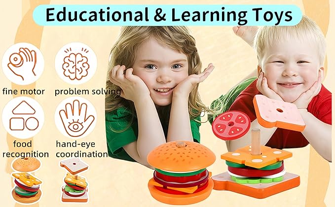 Montessori Toys for 3+ Year Old, Wooden Hamburger Stacking Food Toys for Toddlers 3 4 5, Preschool Learning Activities Fine Motor Toys, Kids Educational Gift for Boys Girls Birthday Christmas