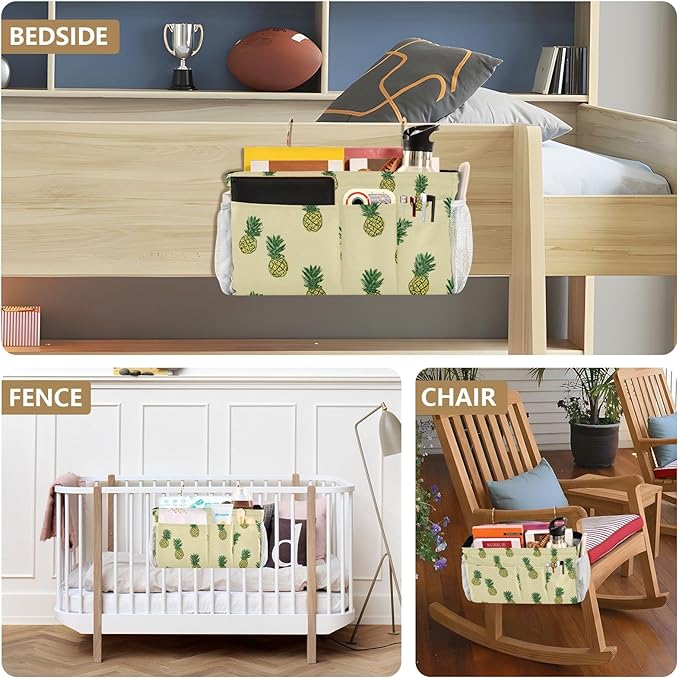 Light Yellow Pineapple01 Bedside Caddy for Dorm Bed Bedside Hanging Caddy Bag Iron Frame Storage Organizer Pocket for Bunk Home College Hospital Beds 2 Hooks