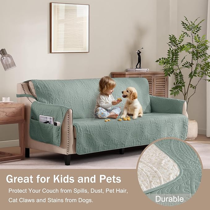 Soft Sage Quilted Couch Cover with Pockets for Extra-Large Sofa, Anti-Slip Sofa Covers Washable for 3 Cushion, Pet Friendly Oversized Sofa Cover Water-Repellent (X-Large Sofa 78", Sage Green)