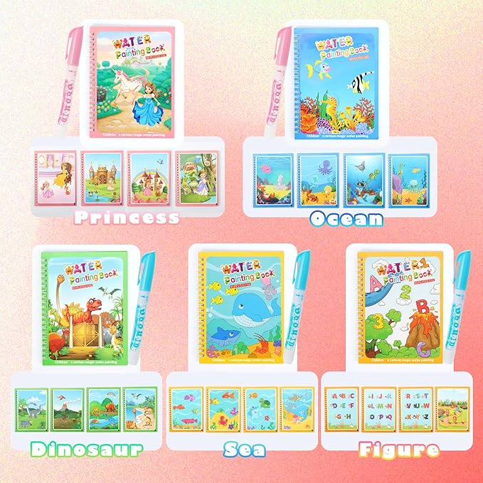 5 Pack Reusable Water Coloring Books for Toddlers, Water Doodle Book Toys, Paint with Water Books,Mess-Free Coloring Book, Portable Educational Doodle Drawing Toy, Educational Learning Kits Gifts