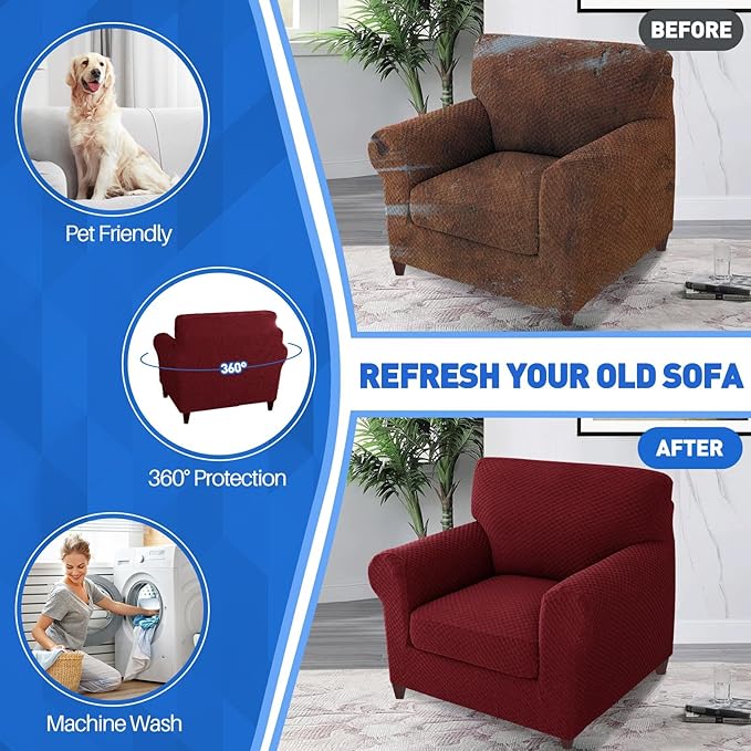 MAXIJIN 2 Piece Jacquard Chair Covers with Arms Super Stretch Non Slip Chair Slipcover for Living Room Dogs Pet Friendly Elastic Sofa Couch Protector Armchair Cover (Chair, Wine Red)