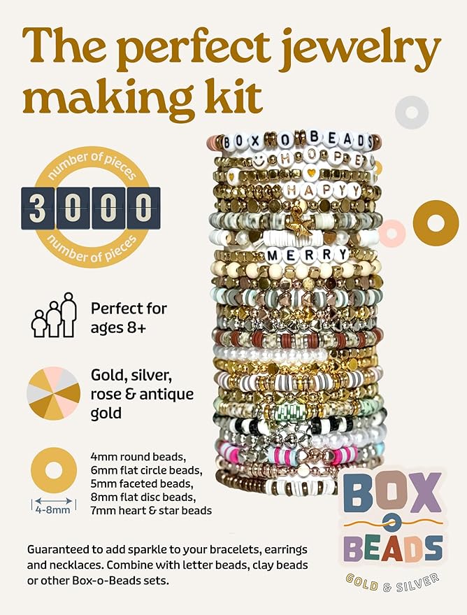 3000 Piece Gold Spacer Beads Set for Bracelet Making, Metallic, Rose, Yellow Gold and Silver Round, Stars and Hearts for Jewelry Making for Teens Adults, Friendship Bracelet Kit