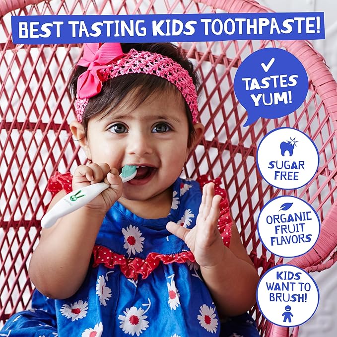Jack N' Jill Toddler Toothbrush and Toothpaste Combo - Baby Toothbrush 12 Months and Up, 1 Year Old Toothbrush and Toothpaste Set, Fluoride Free - 1 Kids Toothbrush and 1 Strawberry Toothpaste