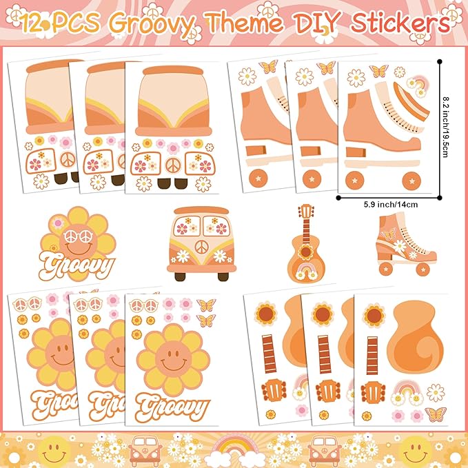 Groovy Party Favors 72 PCS Retro Boho Slap Bracelets DIY Stickers Temporary Tattoos Keychains Plastic Straws Gift Bags for Retro 60s 70s Boho Themed Birthday Party Baby Shower Classroom Rewards