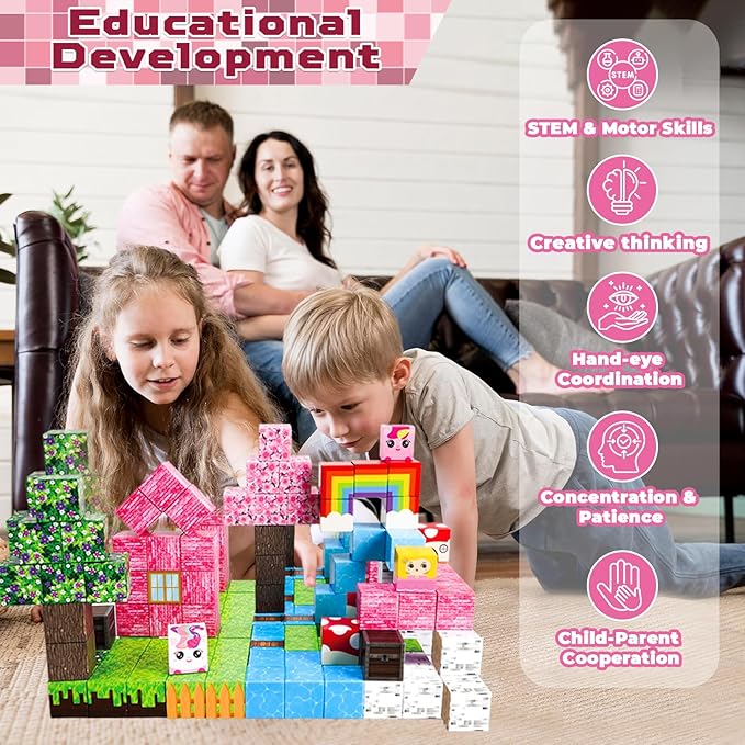 Goody King Magnetic Blocks | 100PCS Building Magnetic Pink Castle Magnetic Set,Magnetic Building Cube Game for Kids Age 3 4 5 6 7 8 9 10, STEM Montessori Stacking Toy, Sensory Tiles Building Christmas