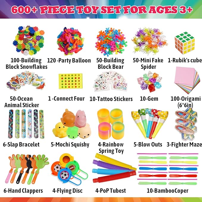 600+ Party Favors for Kids - Fidget Toys Pack - Goodie Bags Stocking Stuffers - Party Toys Assortment - Treasure Box Birthday Party Gift - Carnival Prize - Pinata Sensory Toys - Classroom Rewards Toys