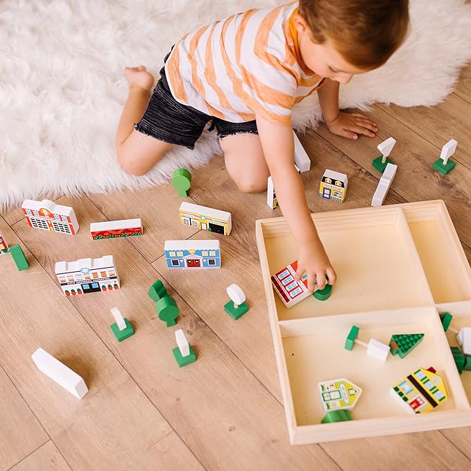 Melissa & Doug Wooden Town Play Set With Storage Tray (32 pcs) Pretend Play Wooden Town Set For Kids With Storage