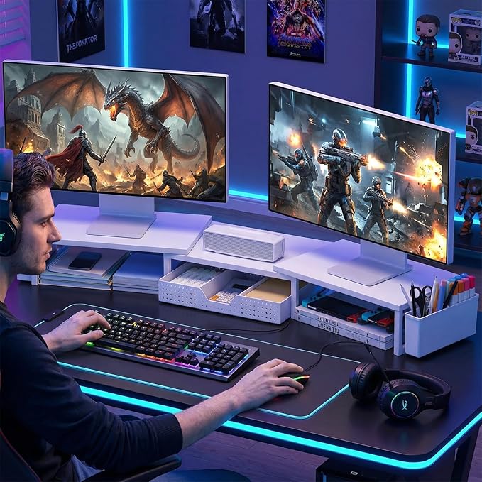 OPNICE White Dual Monitor Stand Riser, Metal Desk Organizers and Accessories with Drawer and 2 Pen Holders, Computer Monitor Stand for Desk