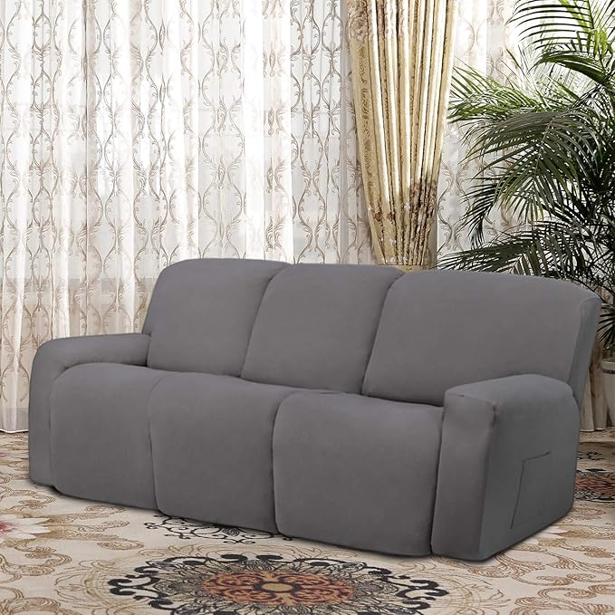 Easy-Going 8 Pieces Microfiber Stretch Sectional Recliner Sofa Slipcover Soft Fitted Fleece 3 Seats Couch Cover Washable Furniture Protector with Elasticity for Kids Pet(Recliner Sofa, Light Gray)
