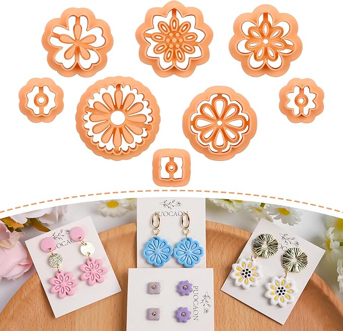 Puocaon Floral Polymer Clay Cutters - 8 Pcs Mexican Tile Clay Cutters for Earrings, 3D Print Embossed Clay Cutters for Polymer Clay Jewelry Making, Hollow Flower Clay Earring Cutters for Polymer Clay