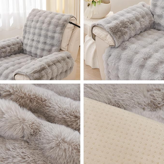 vctops Faux Fur Fluffy Recliner Chair Slipcover Faux Rabbit Fur Non Slip Sofa Cover Super Soft Plush Thick Couch Cover Furniture Protector with Elastic Straps for Kids, Dogs, Pets(Light Grey,24")