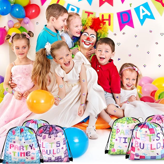 98 Pcs Train Party Favors,Train Print Party Supplies Include Stickers Stamps Keychains Slap Bracelets and Drawstring Bags Party Decorations for Kids TrainTheme Birthday supplies (E-Building Blocks)