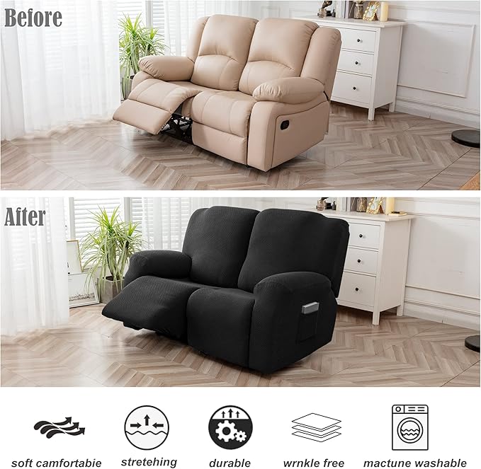 Genina Recliner Loveseat Cover Stretch Couch Covers Sofa slipcover for 2 Seat Reclining Couch Thick Jacquard Furniture Protector (Black)