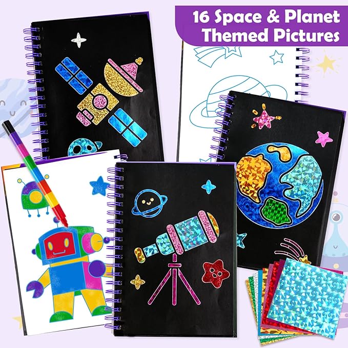 Foil Art Craft Activity for Kids: Fun DIY Toy Sticker Kit, No Mess Creative Travel Supply Set, Idea Birthday Easter Basket Stuffers Valentines Gift for Girl Boy Toddler 4 5 6 7 8 9 Year Old(Space)