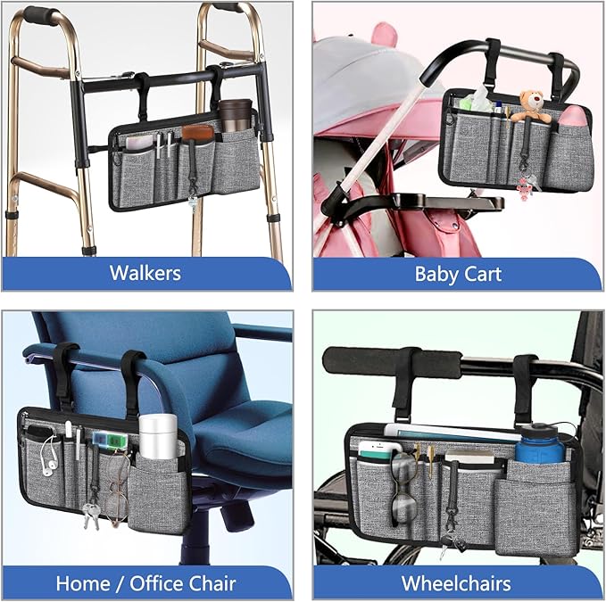 FINPAC Wheelchair Side Storage Bag w/Cup Holder, Wheelchair Armrest Accessories Pouch with Pen Slot and Reflective Strips for Power Walkers, Rollators, Seniors - Gray