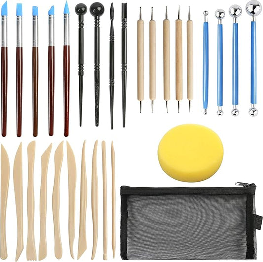 LotFancy 30PC Polymer Clay Tools Kit - Premium Stainless Steel & Wooden Handle Sculpting Tools for Ceramics, Air Dry Clay, Baking, Carving, Dotting, Molding, Painting - Includes Carrying Pouch