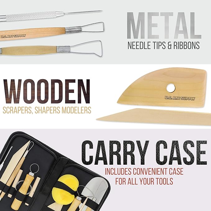 US Art Supply 12-Piece Pottery and Clay and Sculpting Tools Set with Canvas Zippered Case