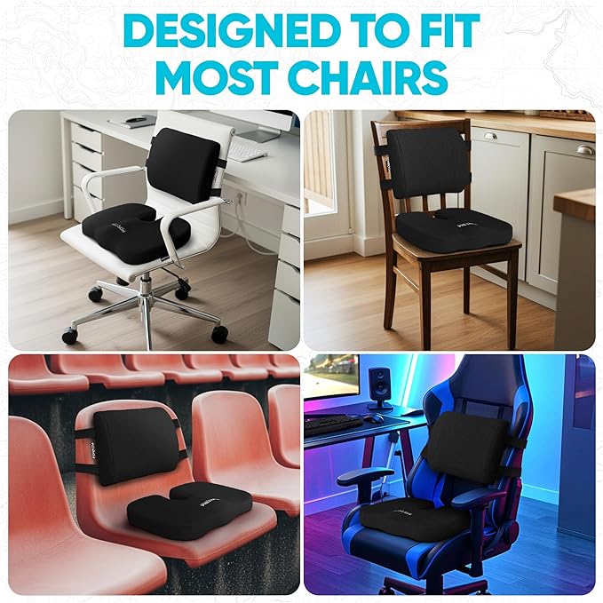 FORTEM Seat Cushion, Office Chair Cushion, Lumbar Support Pillow for Office Chair, Memory Foam Sciatica Coccyx Tailbone Pressure Pain Relief, Car Sitting Pad, Washable Non Slip