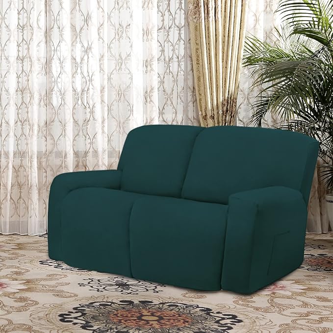 Easy-Going 6 Pieces Microfiber Stretch Sectional Recliner Sofa Slipcover Soft Fitted Fleece 2 Seats Couch Cover Washable Furniture Protector with Elasticity for Kids(Recliner Loveseat, Deep Teal)