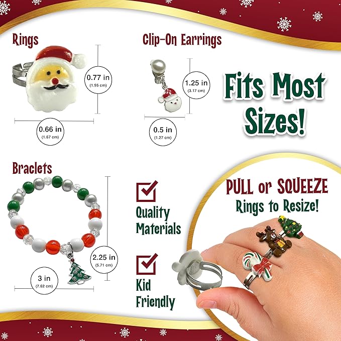 Christmas Stocking Stuffers Jewel Rings for Kids, Holiday Dress-Up Jewelry Set - Rings, Bracelets, Clip-On Earrings for Girls - Christmas Tree Gift Box, Christmas Gift for Girls Age 3 4 5 6 7 8 and Up