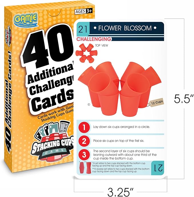 Gamie Challenge Cards for Stacking Cups Game - 40 Additional Cards with Instructions - 20 Medium and 20 High Difficulty Cards for Next Level Fun - Stacking Cups Sold Separately