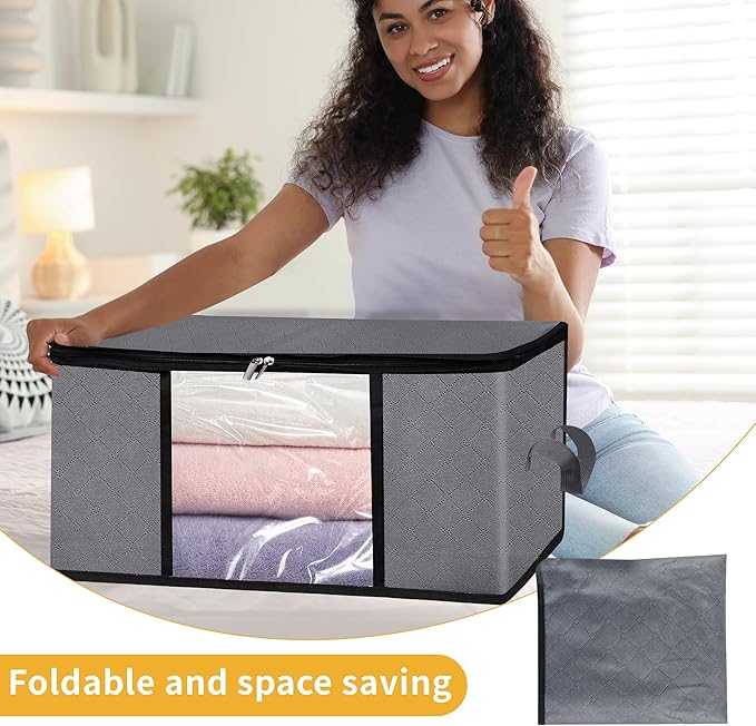 2 Pack Clothes Storage Bags, 90L Large Blanket Storage Bag Comforter Storage Bin with Reinforced Handle and Lid Foldable Closet Organizer and Storage Containers for Bedding Pillows Sheets and Duvet