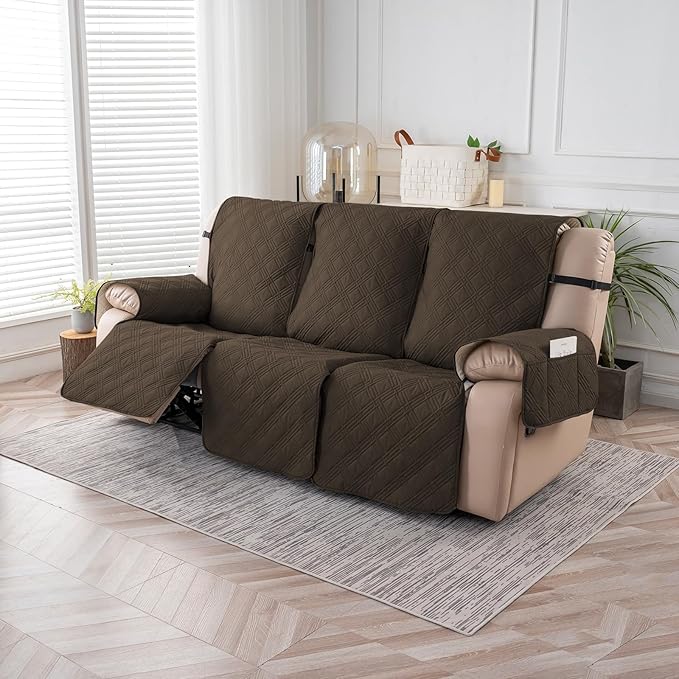 Easehomey Waterproof Recliner Sofa Cover,Non-Slip Reclining Sofa Covers for 3 Seat,Washable Reclining Sofa Cover Furniture Protector with Elastic Straps Pocket for Kids, Pets(Coffee,3Seat)