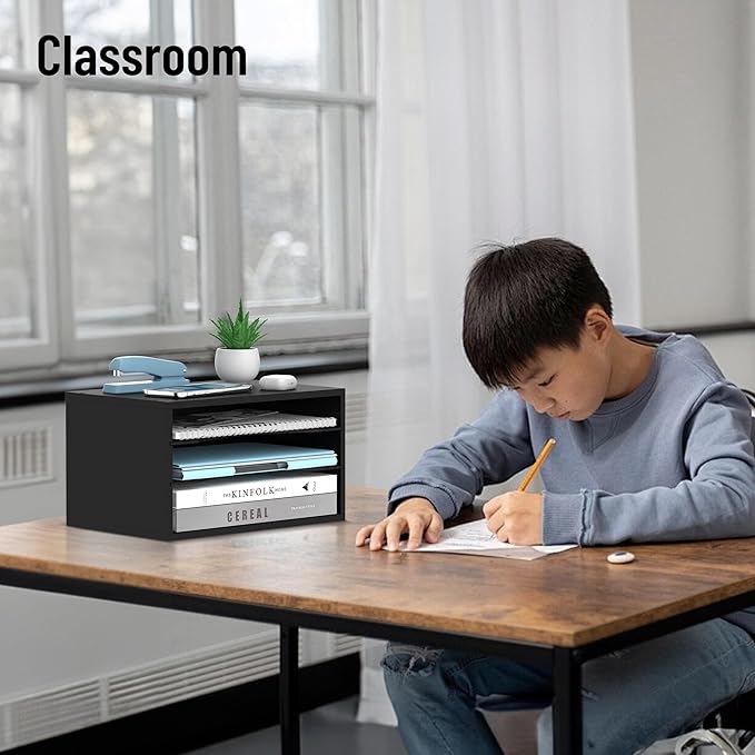 Wood Desk Organizer, 3 Tier Paper Tray Organizer for Desk with Adjustable Storage Shelves, Printer Stand Desktop File Organization Paper Sorter Mail Holder for Office Home Classroom, Black