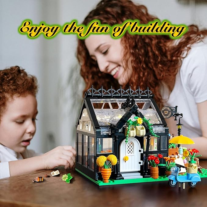 Flower Garden House Building Set with Led Lights,Greenhouse Model Playset City Street Flower Shop Building Blocks Kits for Adults Kids 8+ Present Black(475PCS )