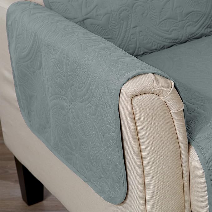 Medallion Stitched Solid Furniture Protector Stain Resistant Durable Furniture Protector Elenor Collection (Sofa, Mirage Gray/Flax)