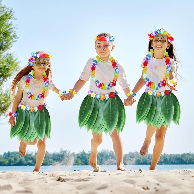 Fortuning's JDS Boys Girls Hawaiian Flowers Leaf Grass Skirts Garland Costume Set Beach Party Favors