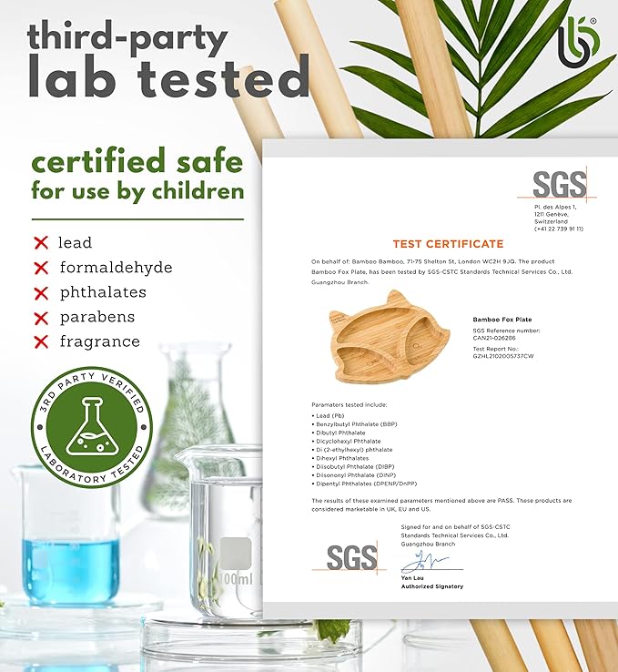 Bamboo Baby Plate with Suction - Kids and Toddler Suction Cup Plate for Babies, Non-toxic All-Natural Bamboo Baby Food Plate Stays Cool to the Touch for Baby-Led Weaning (Fox-Yellow)